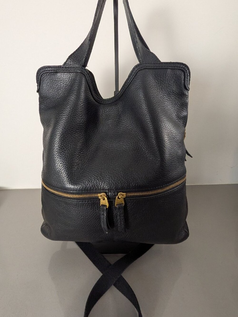 FOSSIL Black Leather Vintage Foldover Tote Crossbody Messenger Bag Purse Womens
